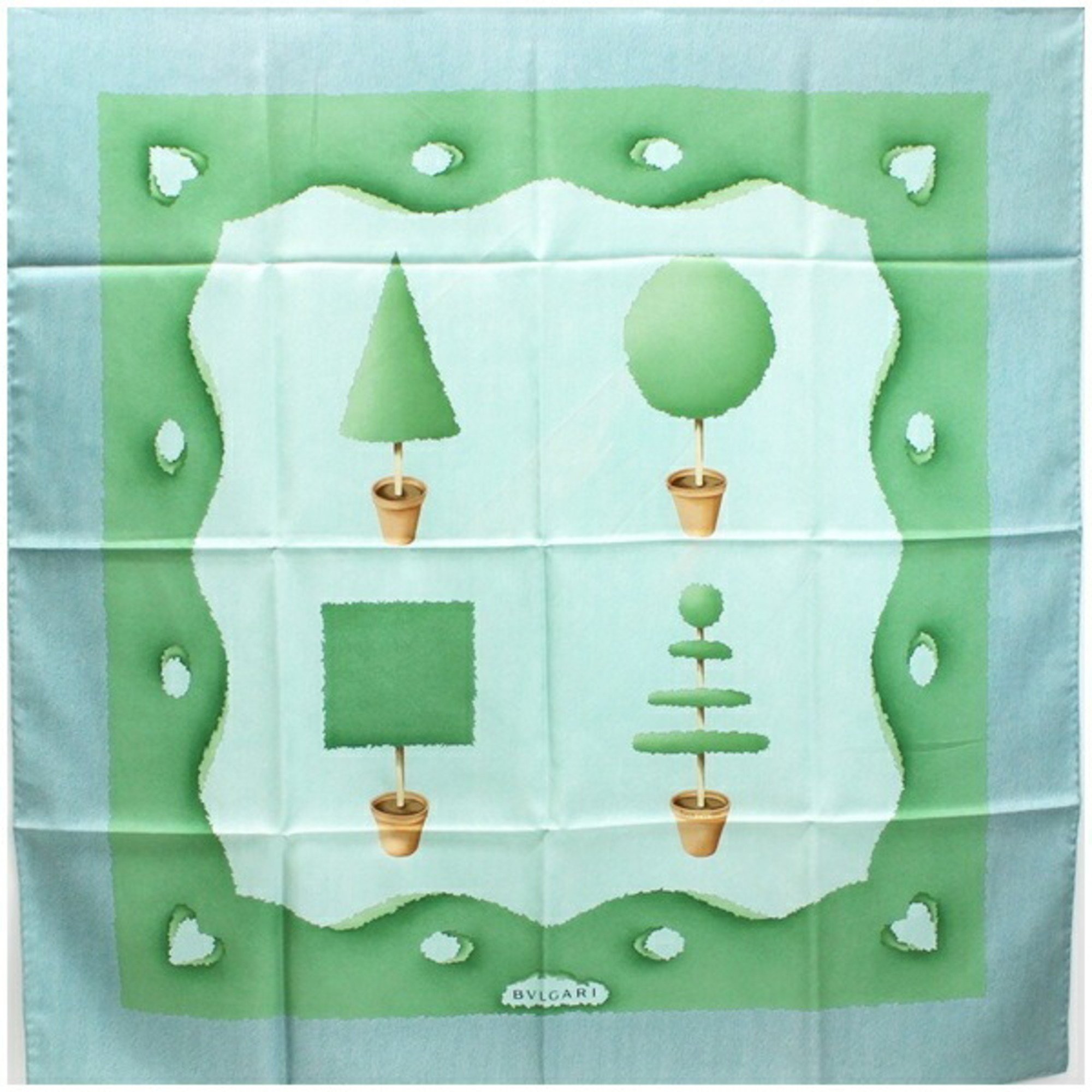 Bvlgari Silk Scarf Muffler Green Ladies Flowerpot Pattern